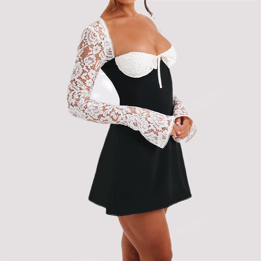 Women's Corset Lace-Up Y2K Dress – Long Sleeve Backless Mini Dress for Retro Evening Wear